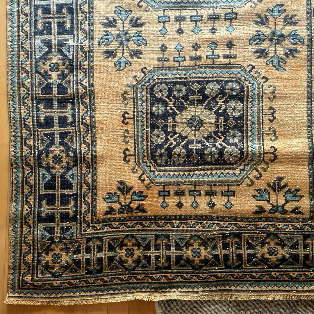 超特大140×366 くすみイエローベージュ　ボタニカル　トルコヴィンテージラグ