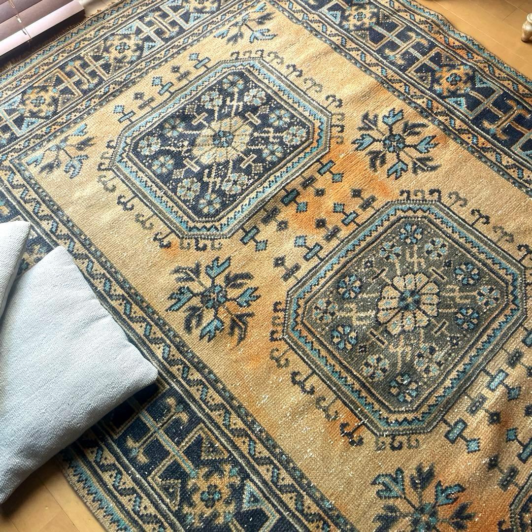 超特大140×366 くすみイエローベージュ　ボタニカル　トルコヴィンテージラグ