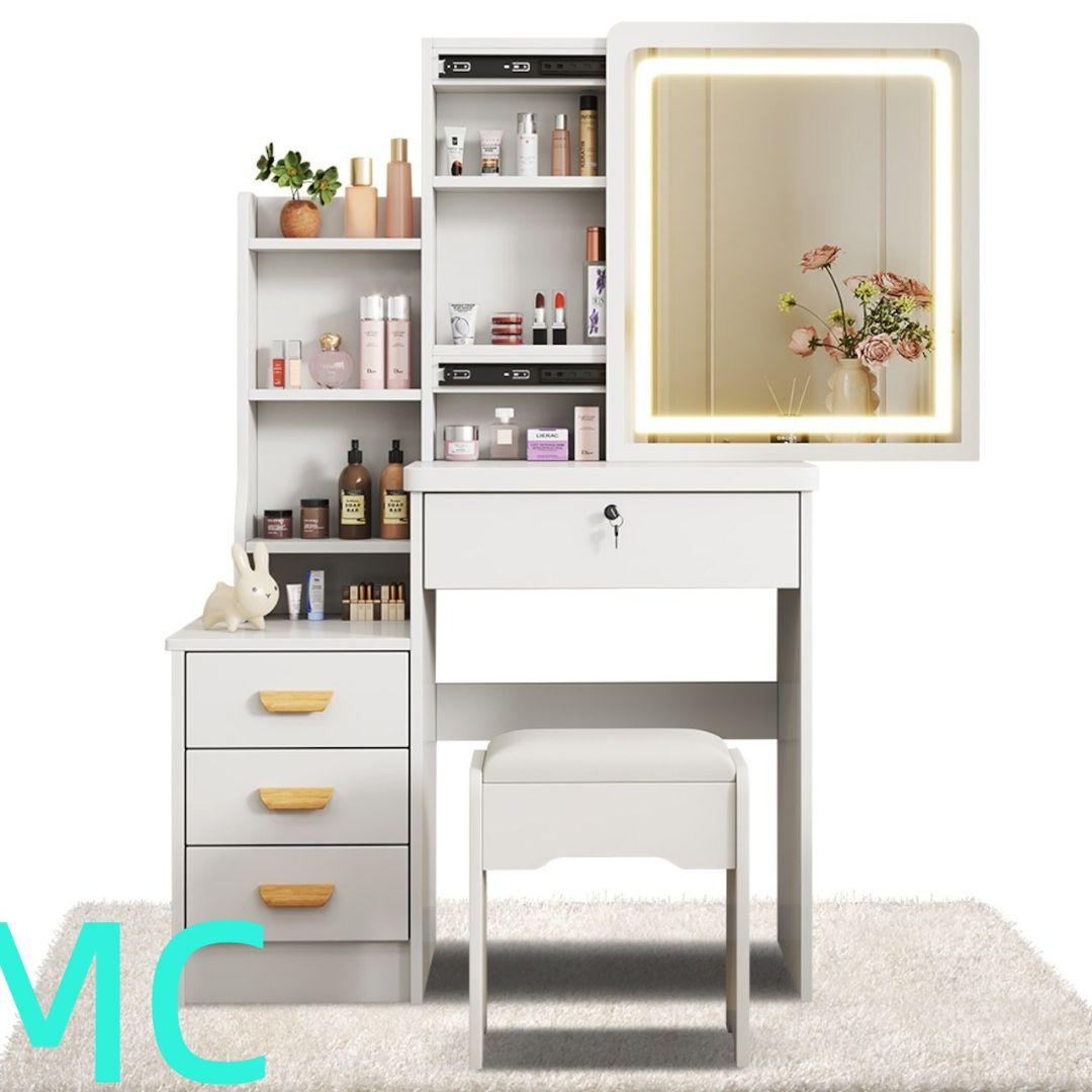 ホワイトコンパクトドレッサー 80cm LED 鏡 スツール付き D001