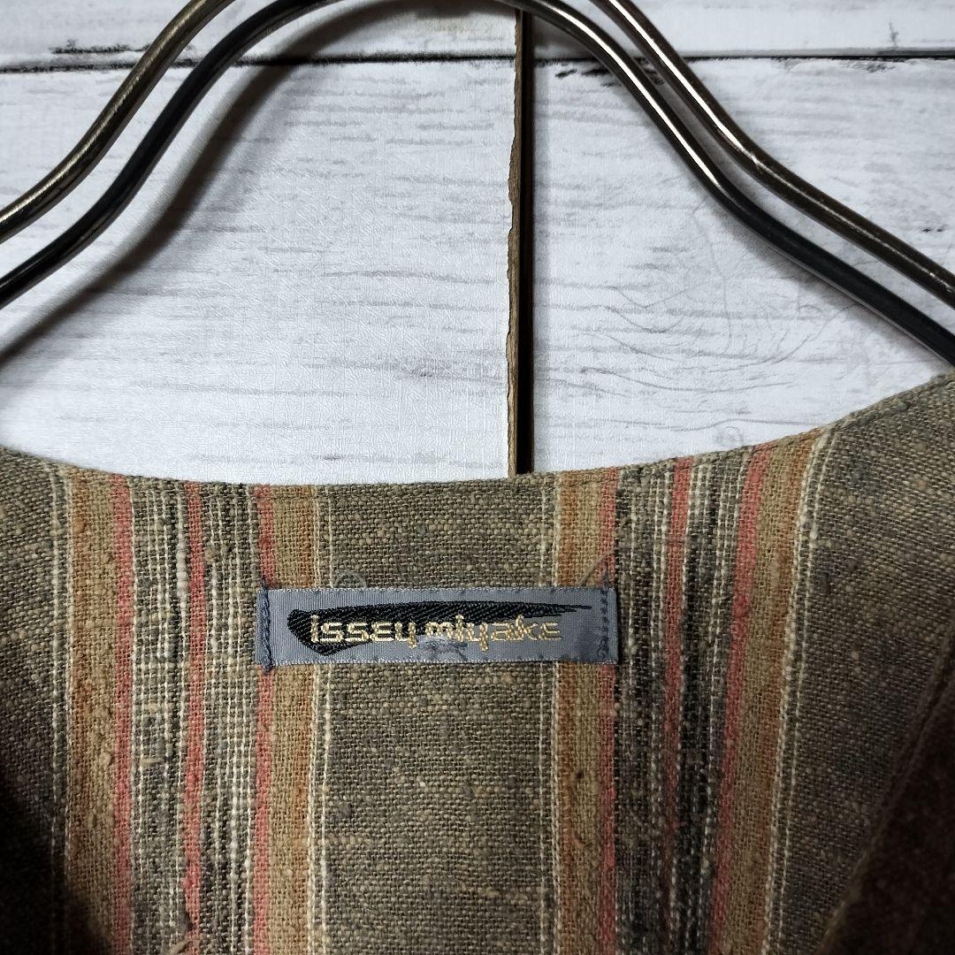 80's 筆タグ イッセイミヤケ ノーカラー シャツジャケット ストライプ 綿