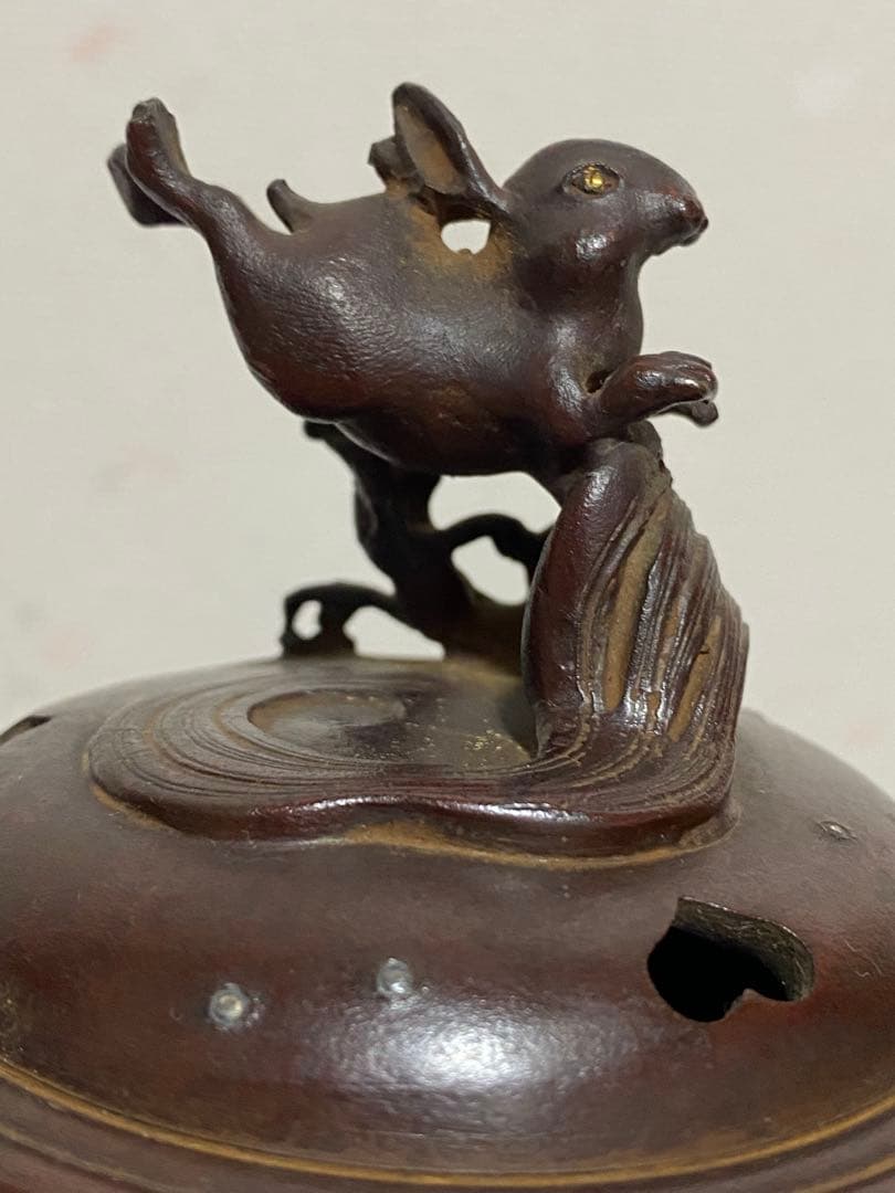 ♦蝋型細密鋳金 象嵌 波乗り兎 波千鳥文 波乗り龍足 香炉 唐金 美術品 骨董品