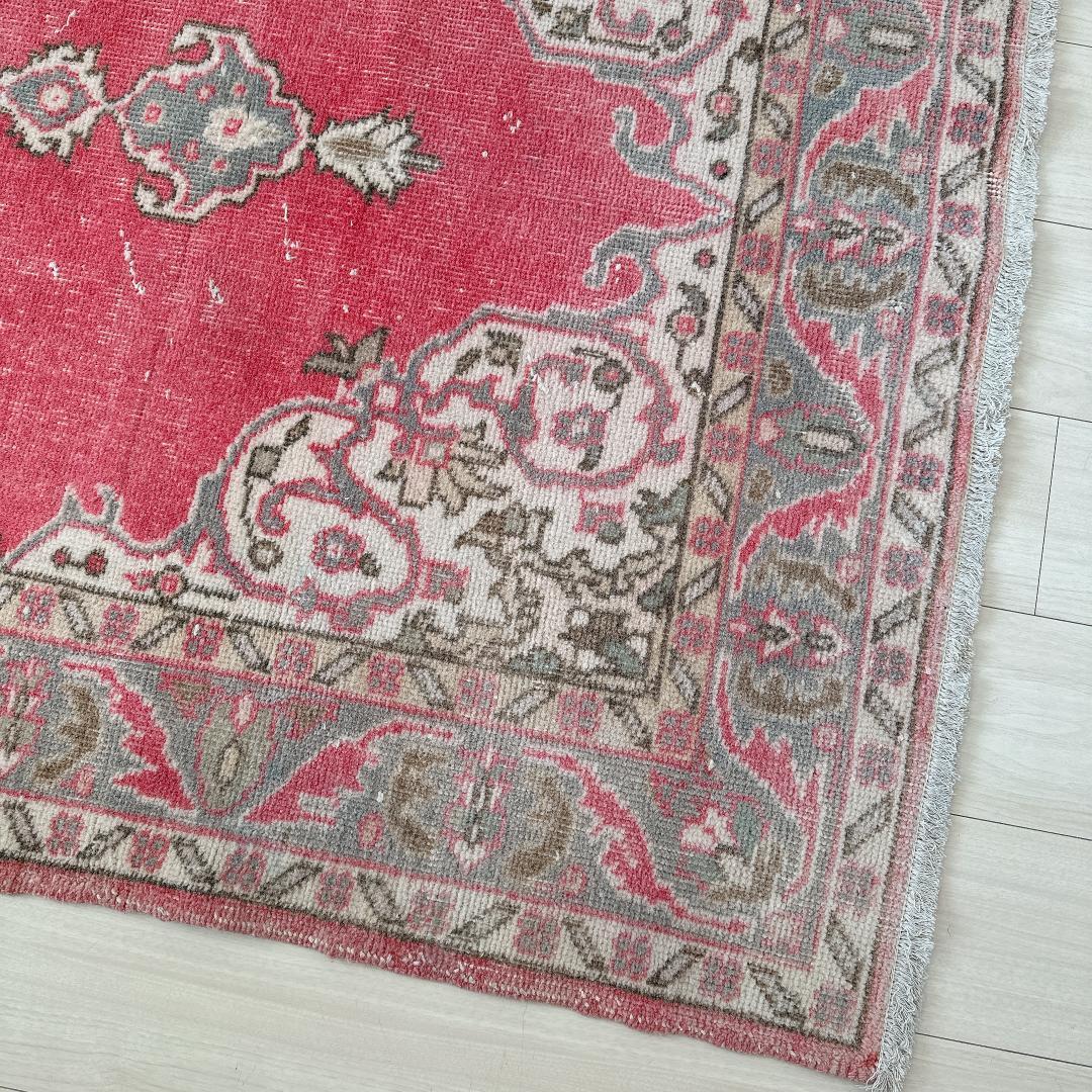 トルコヴィンテージラグ A65 コーラル レッド ネイビー ブルーグレー