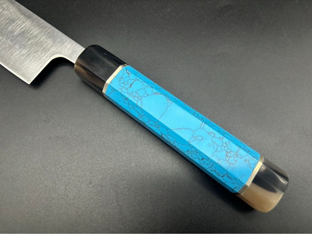 日本製　青ガミスーパー鋼　割り込み切付け牛刀230mm ターコイズ柄