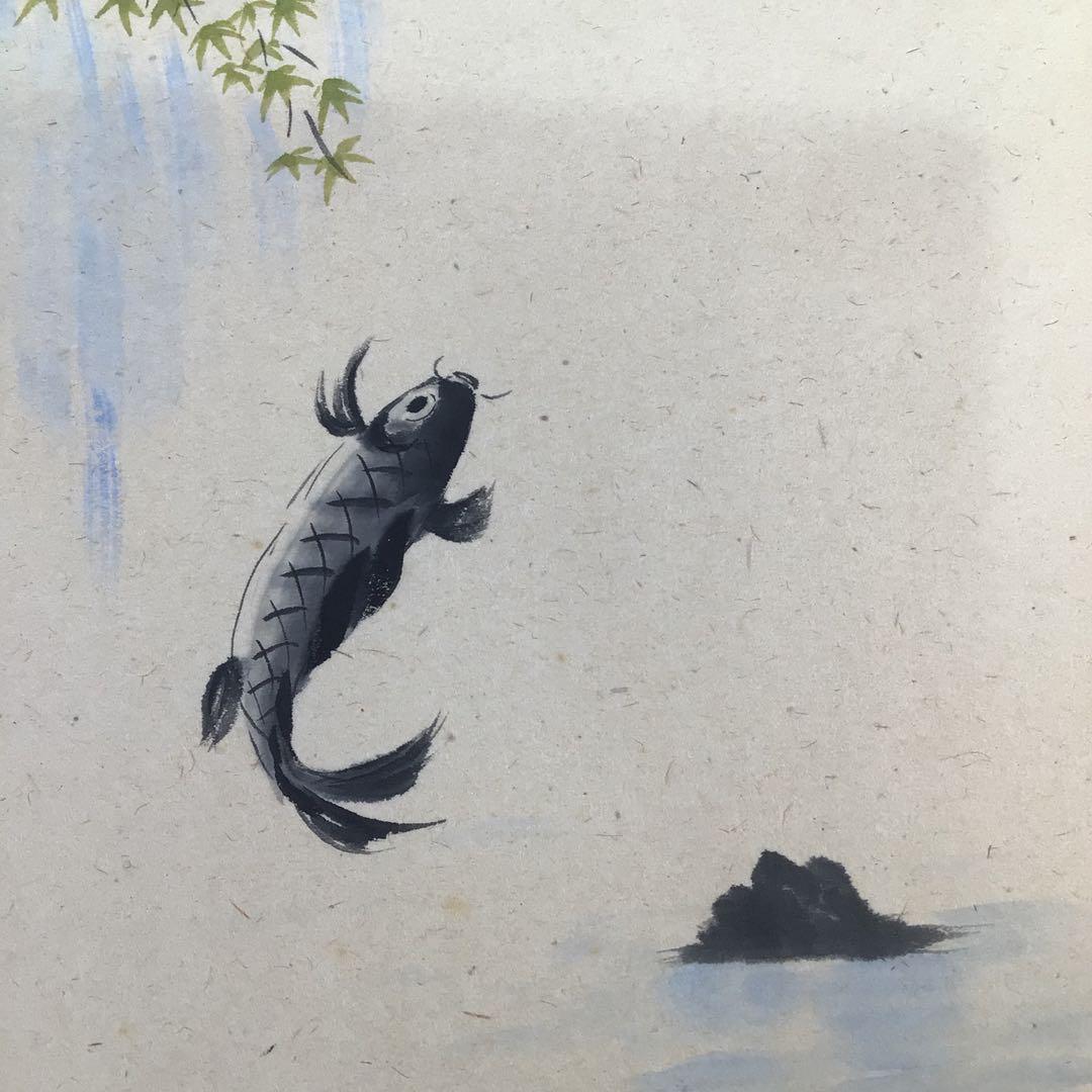 Ｅ４９１　E903 2点！　法谷文雅　『清流　鯉の図』　共箱　　肉筆　画賛