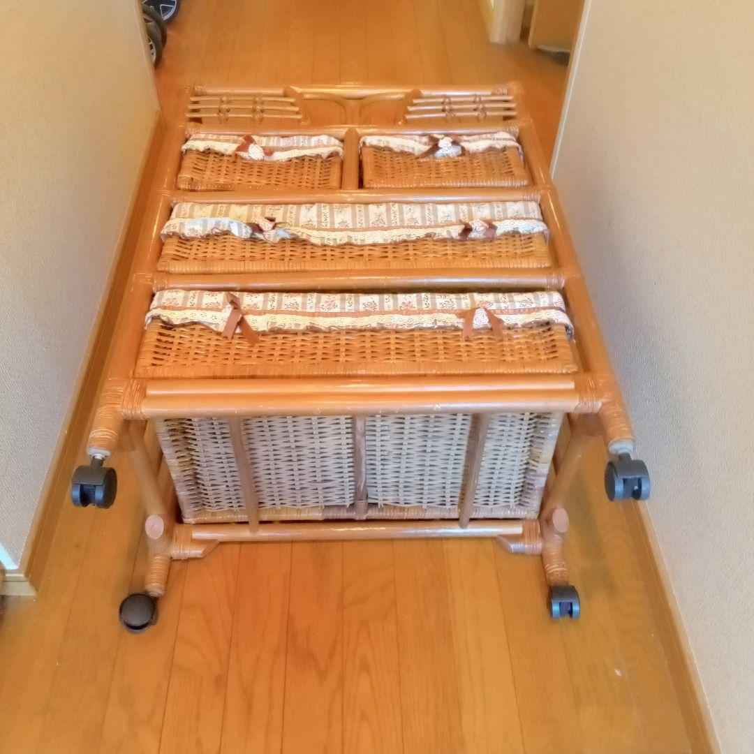 ​ラタン 籐 チェスト 4段 バスケットワゴン キャスター付 花柄カバー 収納