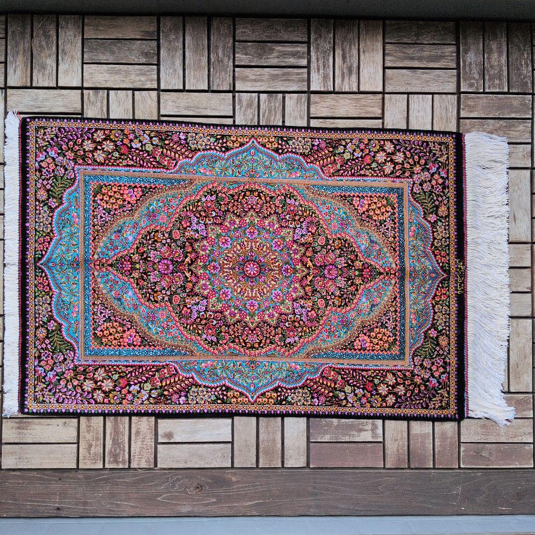 59x89cmペルシャ・クム産(29)玄関・タペストリー・絹・シルクじゅうたん