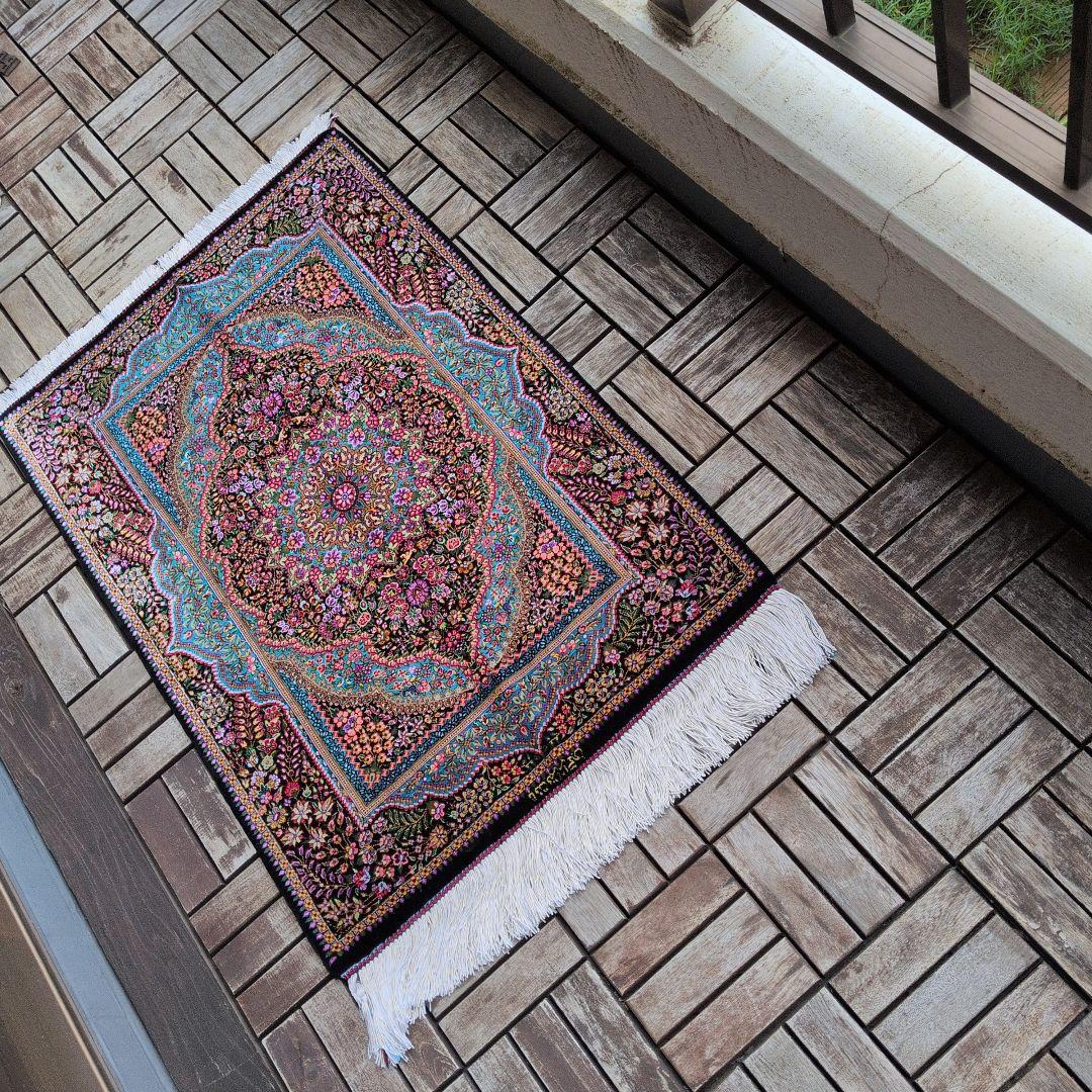 59x89cmペルシャ・クム産(29)玄関・タペストリー・絹・シルクじゅうたん