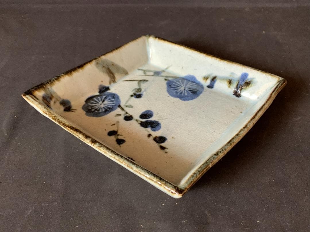 廣永窯 坪島土平造 梅絵 染付 四方鉢 共箱 茶道具 川喜田半泥子師事860