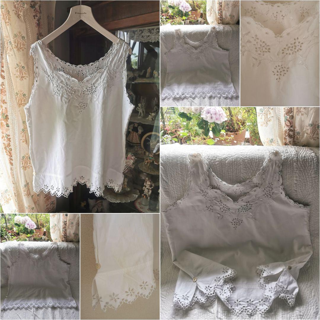 アンティークフランス アイレット花刺繍 スカラップリム リネンシャツ トップス