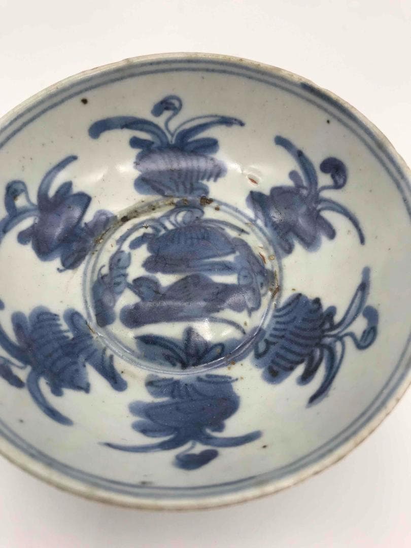 明時代　染付 青花花鳥文盤　古染付皿 唐物　古賞物　時代物　茶碗(D-40)