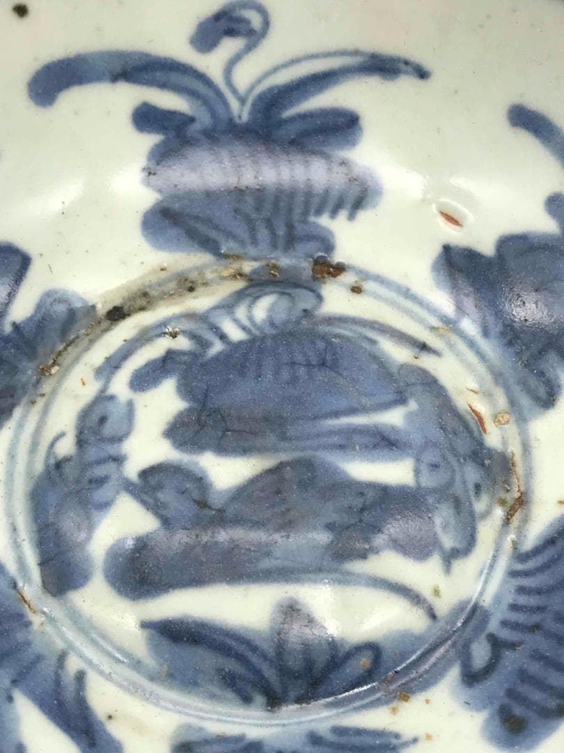 明時代　染付 青花花鳥文盤　古染付皿 唐物　古賞物　時代物　茶碗(D-40)
