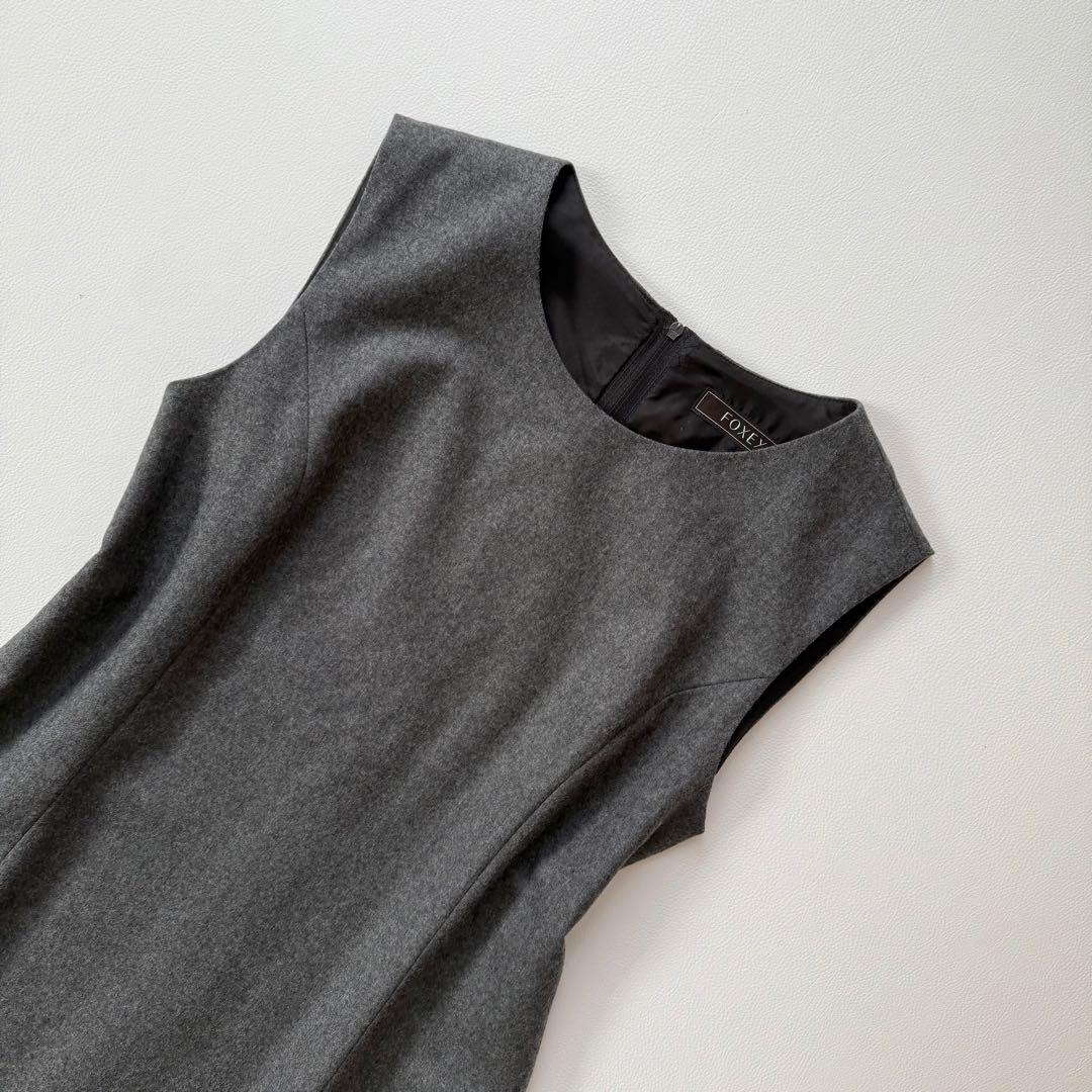 極美品✨フォクシー　裾レース　ウールワンピースドレス　グレー　40