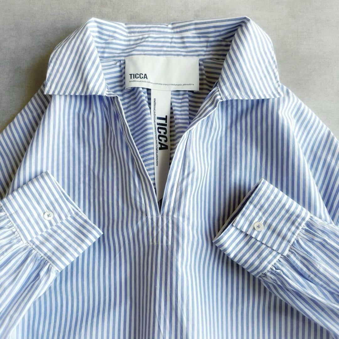 美品▲TICCA //ブルーストライプ長袖シャツ▲スキッパー プルオーバー