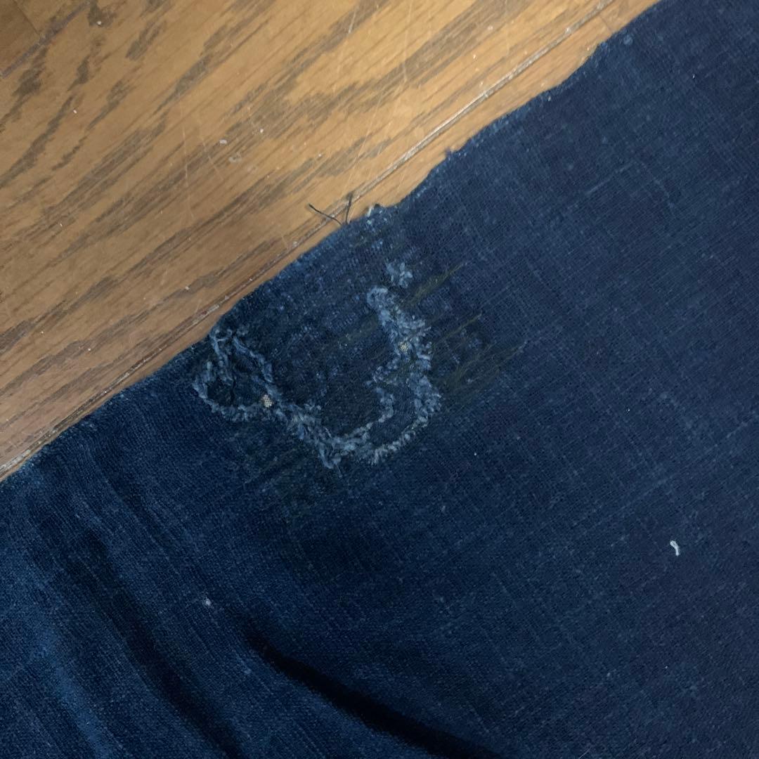 特大！　古布　筒描き　藍染　蝶　浅葱色　幅4枚　丸に揚羽蝶