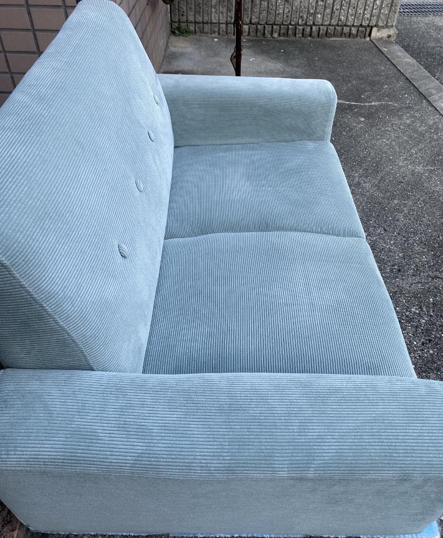 コーデュロイ 天然木 2人掛け ソファ ローソファ ミントブルー 幅130cm