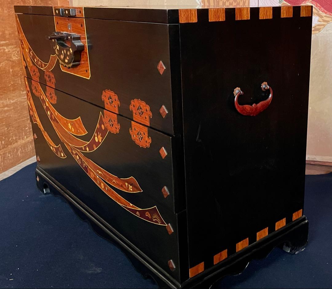 「母」黒檀 寄木 象嵌細工 李朝 バンダジ風 3ドロアー チェスト （柱②）