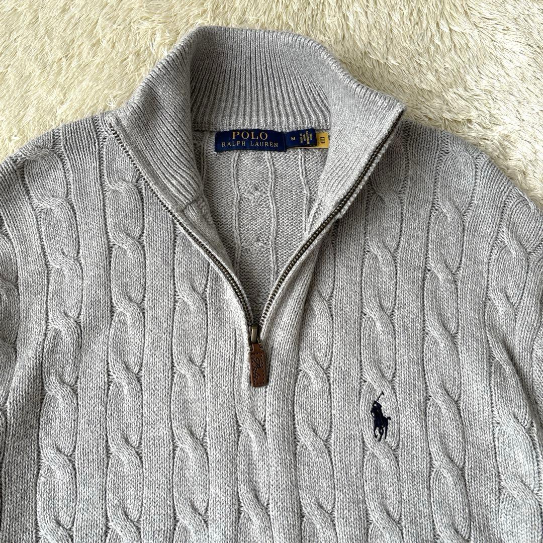 極美品☆ポロラルフローレン　ハーフジップケーブルニット　刺繍ポニー　近年　グレー