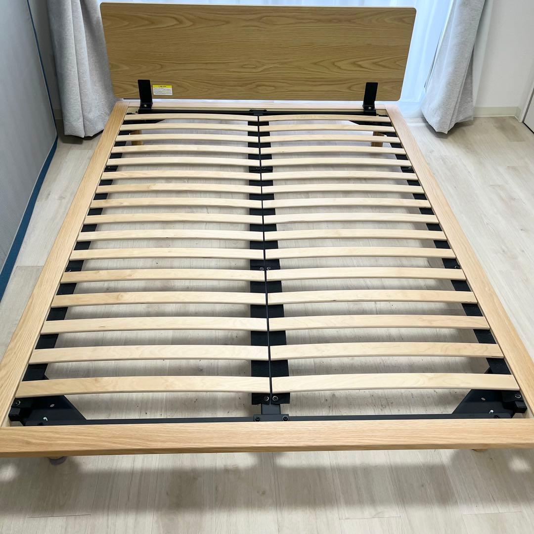 無印 木製ベッドフレーム オーク材突板 ダブル ヘッドボード付き