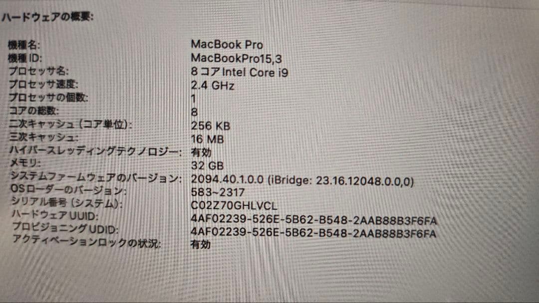 MacBook本体 MacBookPro 2019 core i9 RAM 32GB HD 1TB
