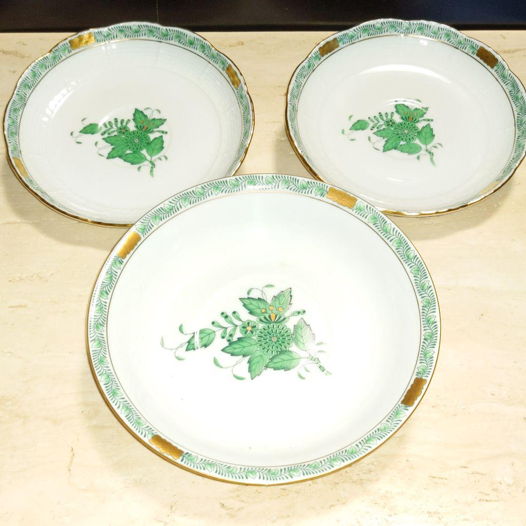 ヘレンド　ティカップ2＆ソーサー3アポニー緑色