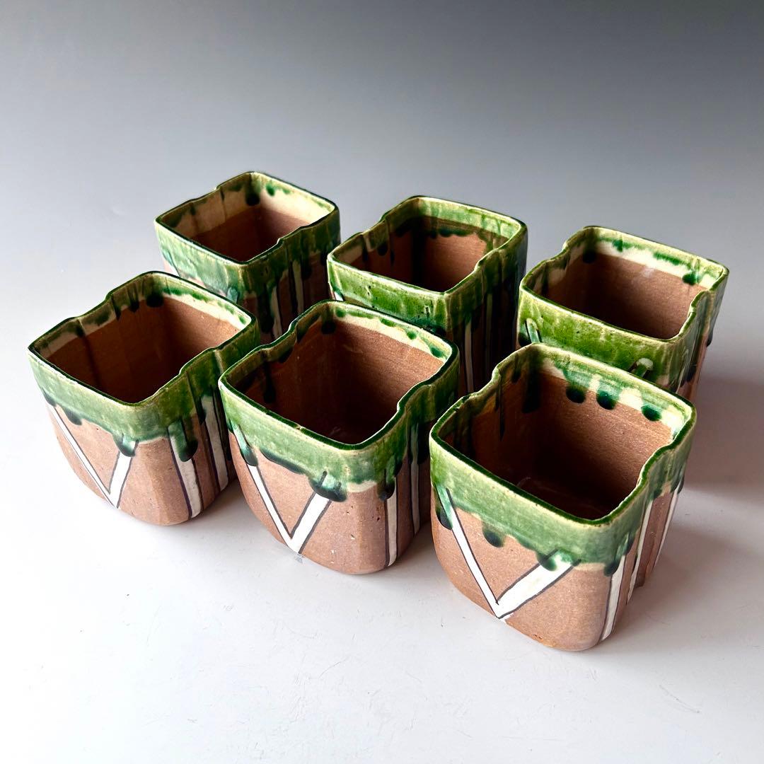 茶道具　鳴海織部　角形　深向付　六客組　加藤十右衛門　共箱　美濃　オリベ　懐石