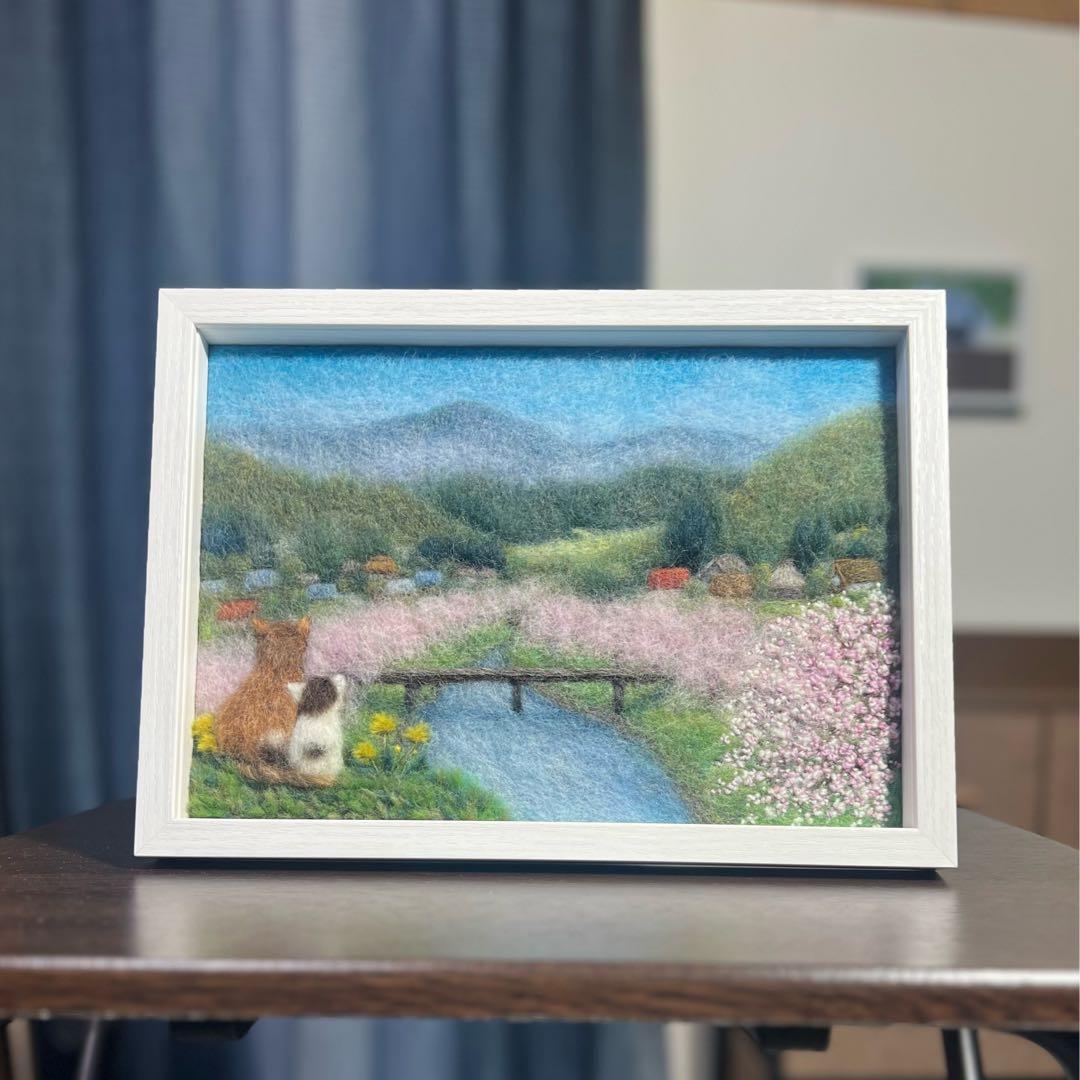 く*ん様 【BOXフレーム付き】羊毛絵画　『桜咲く春の里山』ハンドメイド　ウール
