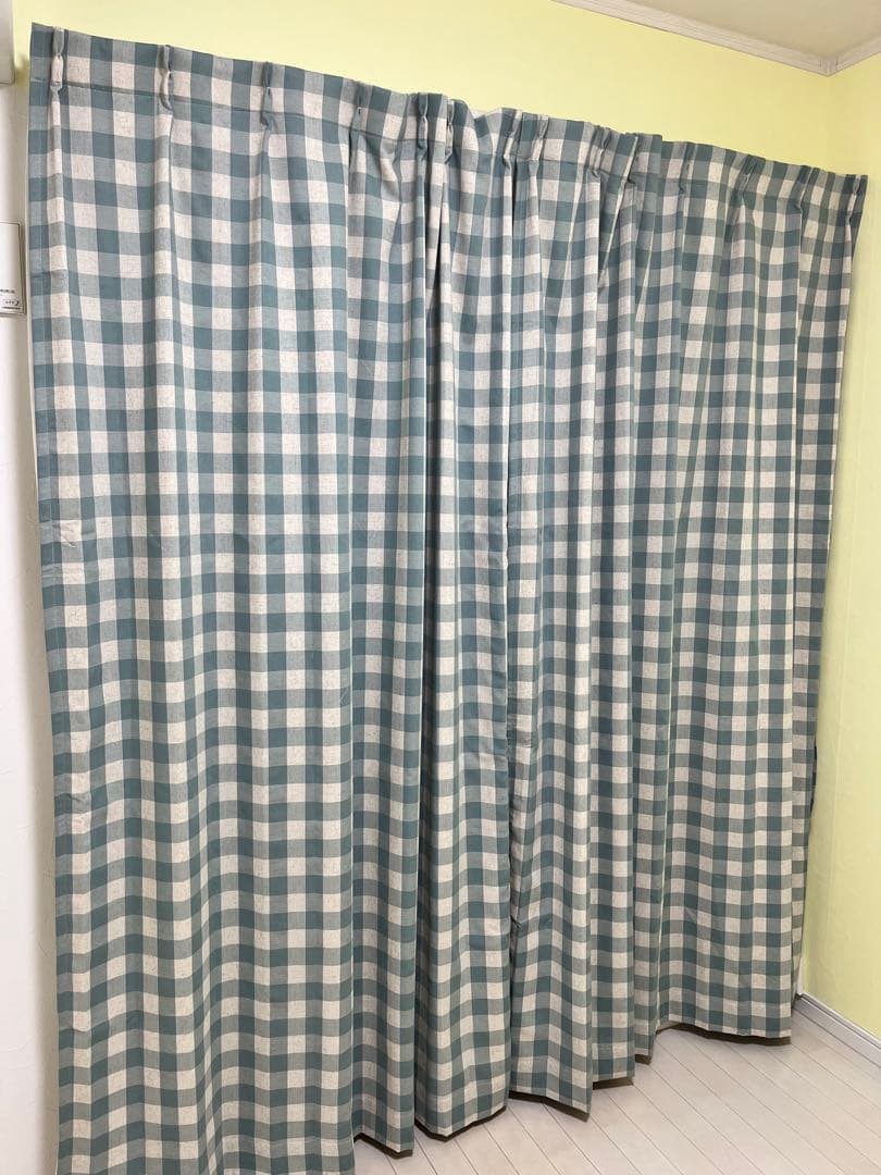 【幅200×丈202】オーダーカーテン 麻40% ギンガムチェック 裏地・レース