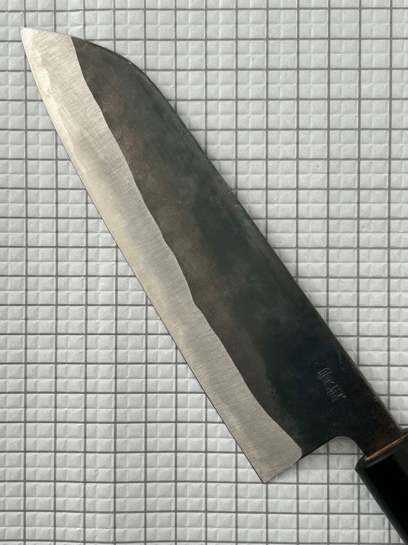 仙助 三徳 包丁 170mm 安来鋼 青紙二号 紫檀シノギ柄 黒打ち ②