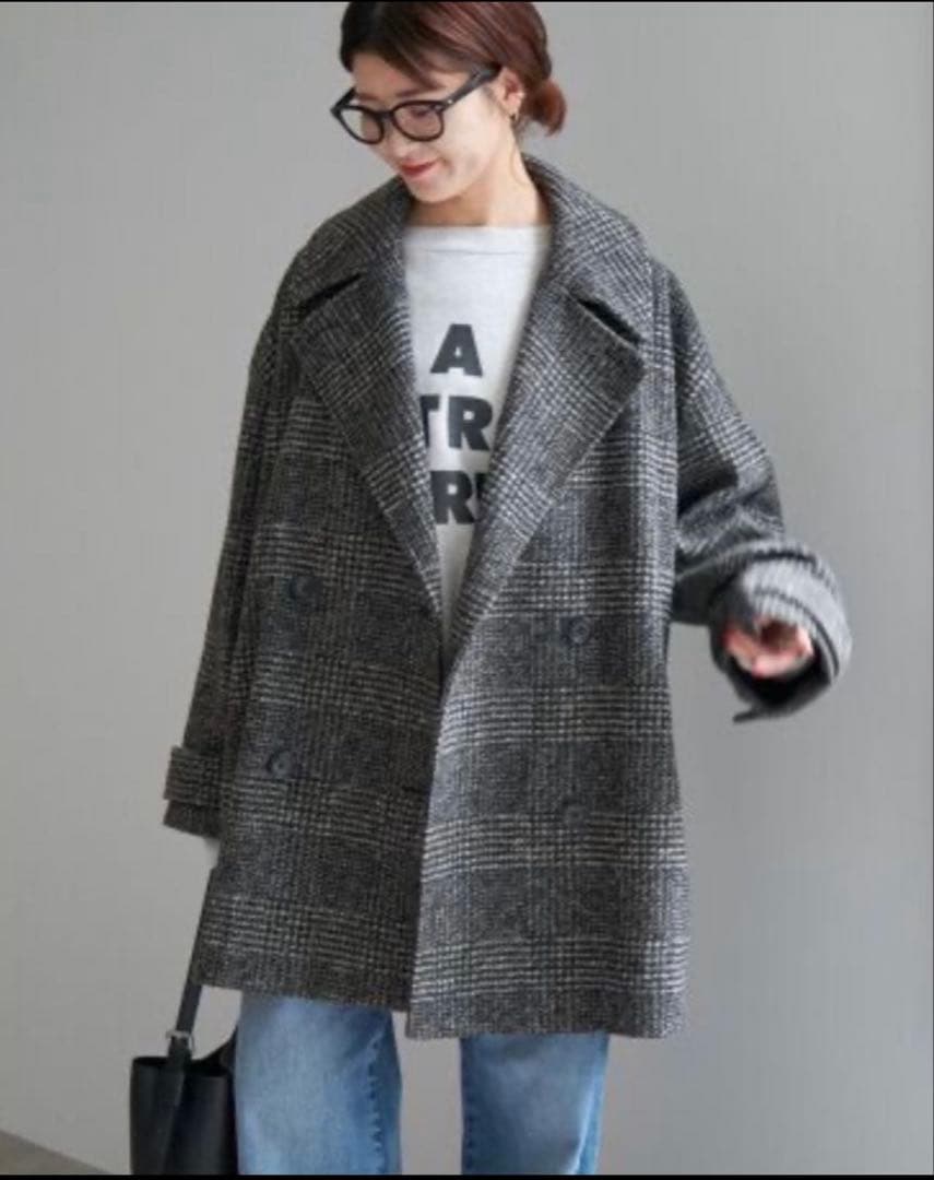 Spick & Span Wスライバーチェックハーフコート　38 ブラック