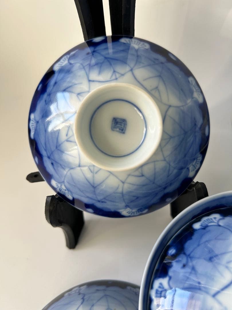 古伊万里 染付 青と白の葉模様 飯碗 6個セット