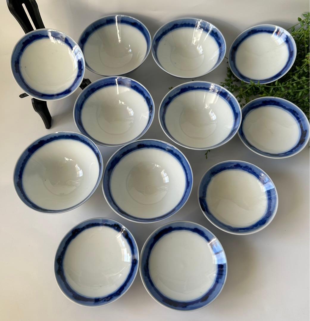 古伊万里 染付 青と白の葉模様 飯碗 6個セット