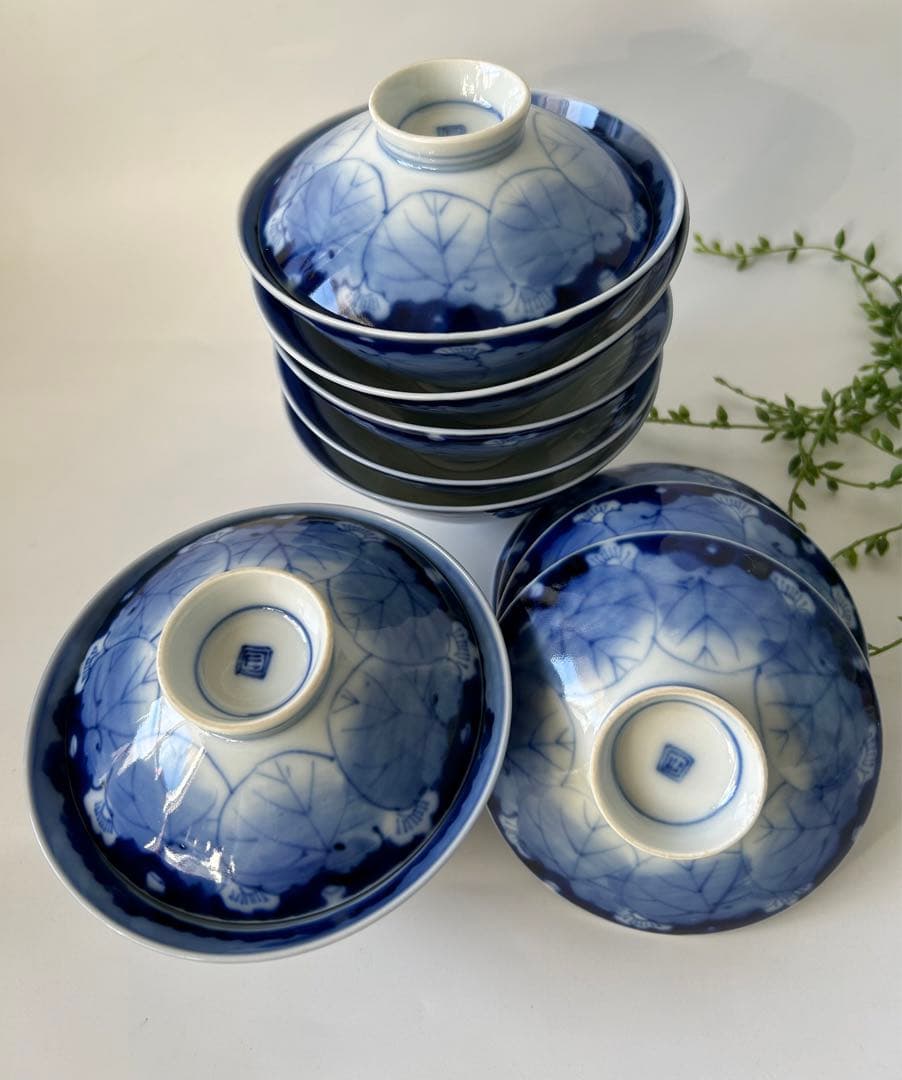 古伊万里 染付 青と白の葉模様 飯碗 6個セット