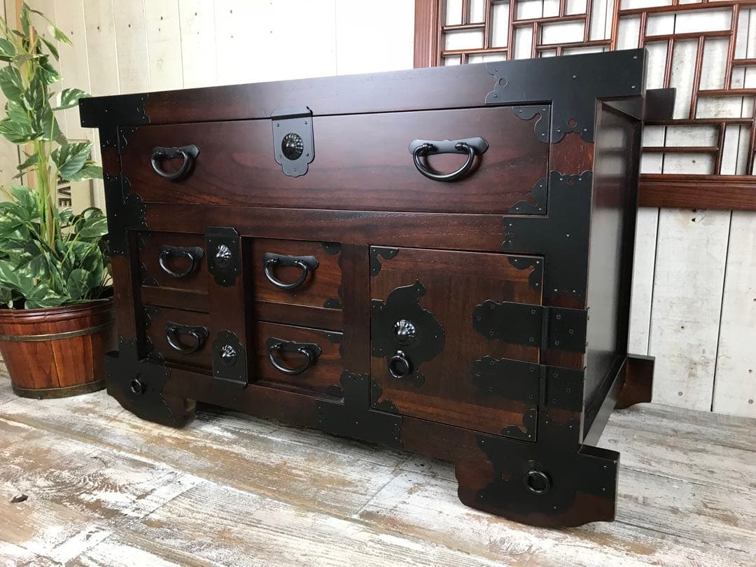 民芸家具からくり車タンス L木製桐材天然無垢飾り棚収納チェスト箪笥隠し引き付き