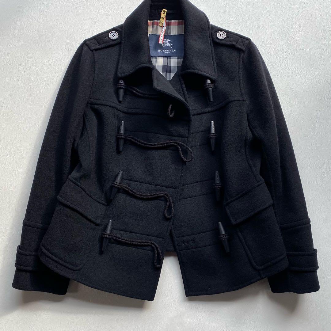 【美品/大きいサイズ44】バーバリー メガチェック ペプラム ダッフルコート 黒