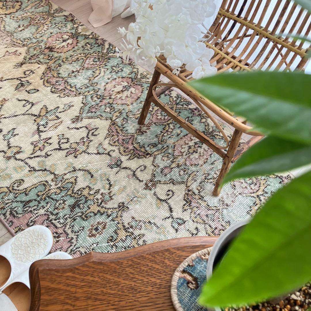 ペパーミントグリーン　ピンクベージュ73×222ランナー　トルコヴィンテージラグ