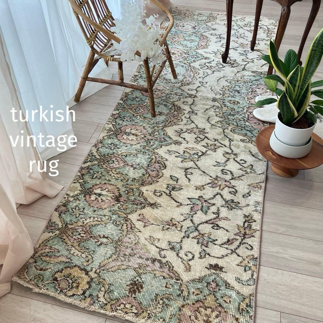 ペパーミントグリーン　ピンクベージュ73×222ランナー　トルコヴィンテージラグ