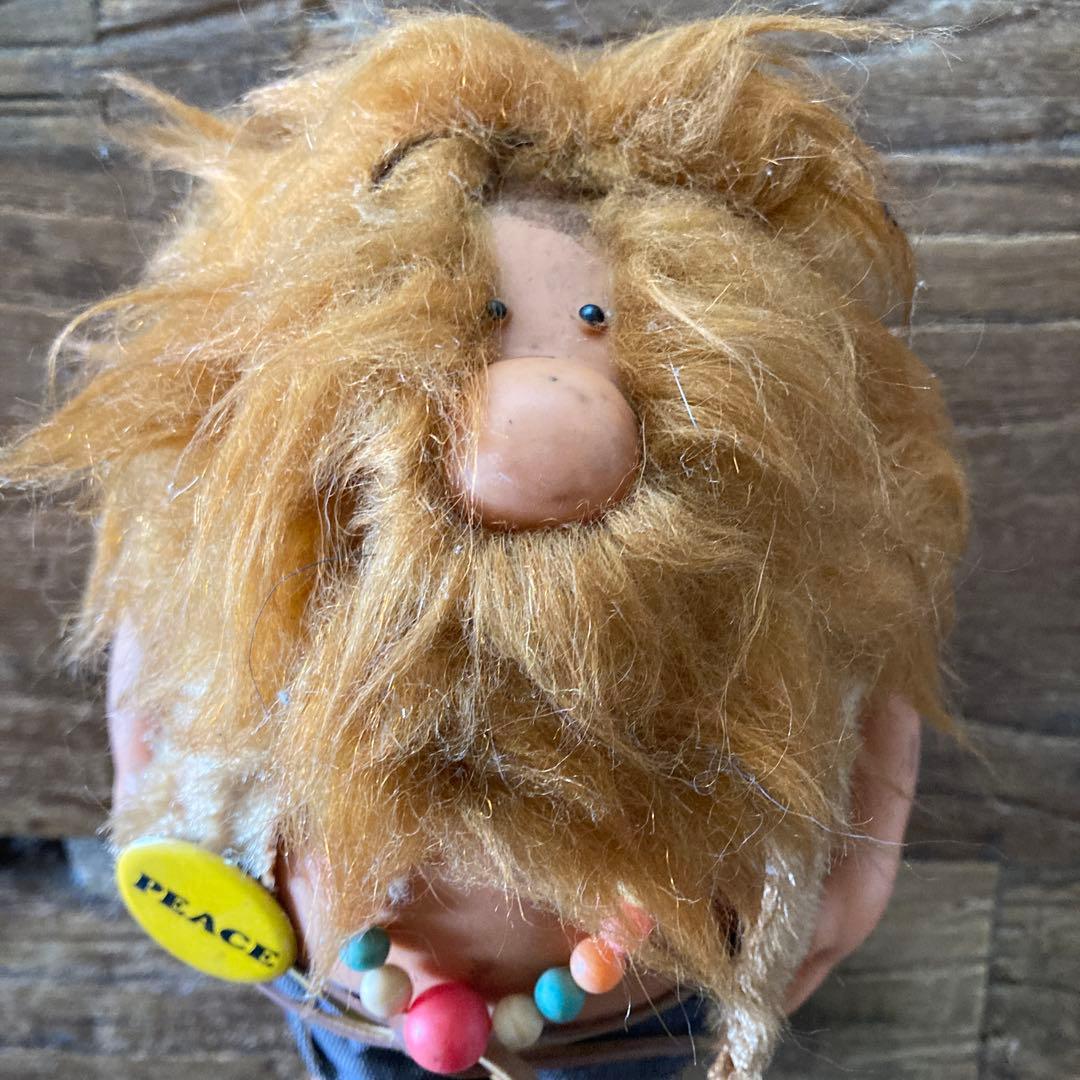 60's ヴィンテージ　ヒッピードール　PEACE缶バッジ　フィギュア　モケモケ