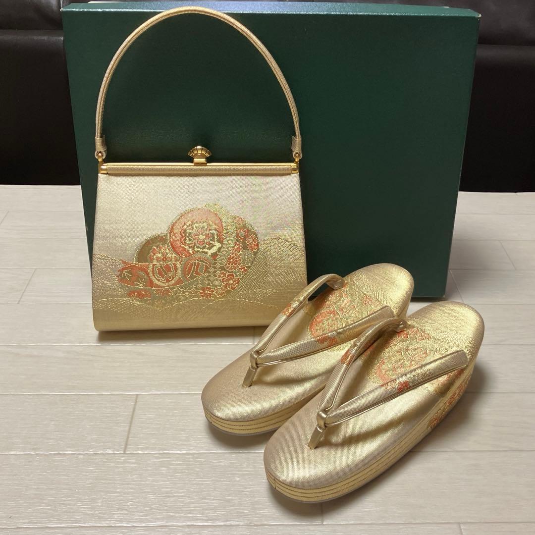 《美品・箱付き》佐賀錦　草履バッグセット　東京芝山　正絹　ゴールド　厚底