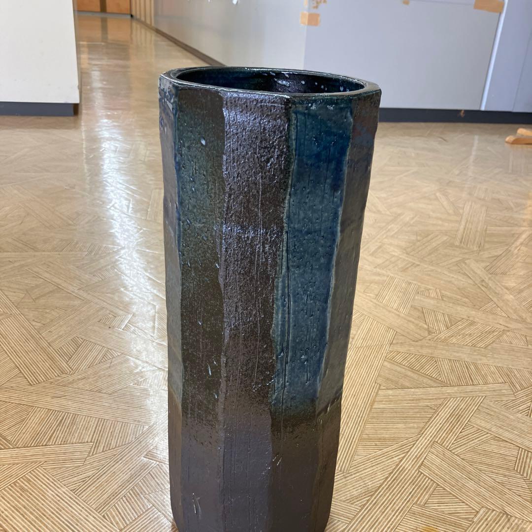 信楽焼傘立て青ガラス面取り