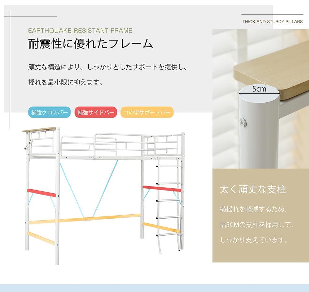 限定価格！ロフトベッド（S）コンセント付き ベッド 大人用 二段ベッド 耐震