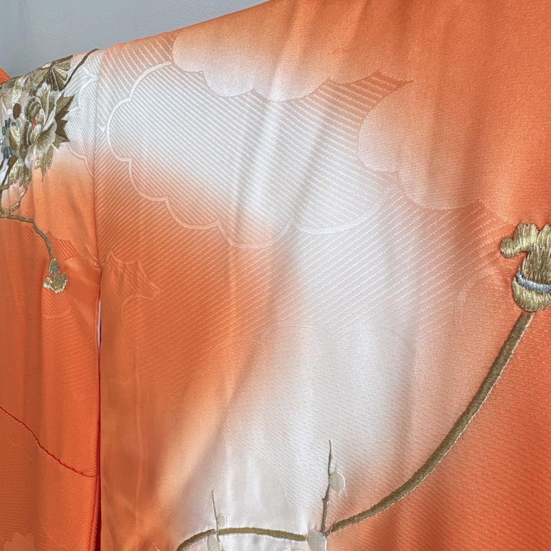 七五三　７歳女の子　オレンジ地　比翼仕立　刺繍金銀　花御所車未使用袋帯　7295