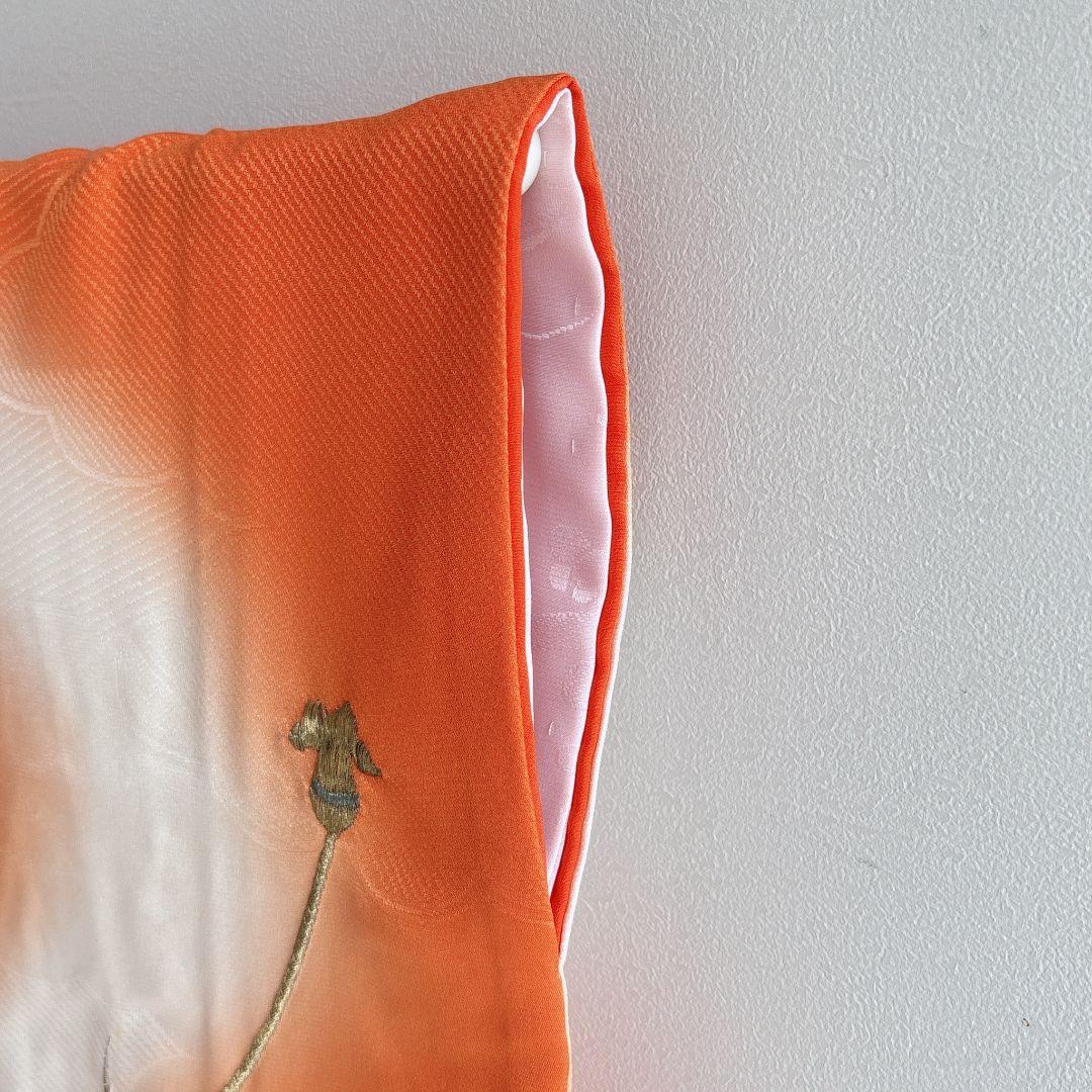 七五三　７歳女の子　オレンジ地　比翼仕立　刺繍金銀　花御所車未使用袋帯　7295