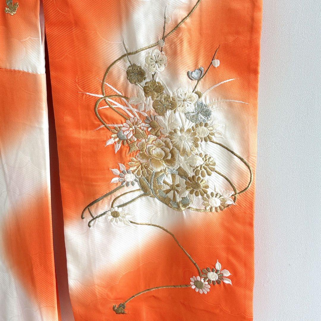 七五三　７歳女の子　オレンジ地　比翼仕立　刺繍金銀　花御所車未使用袋帯　7295