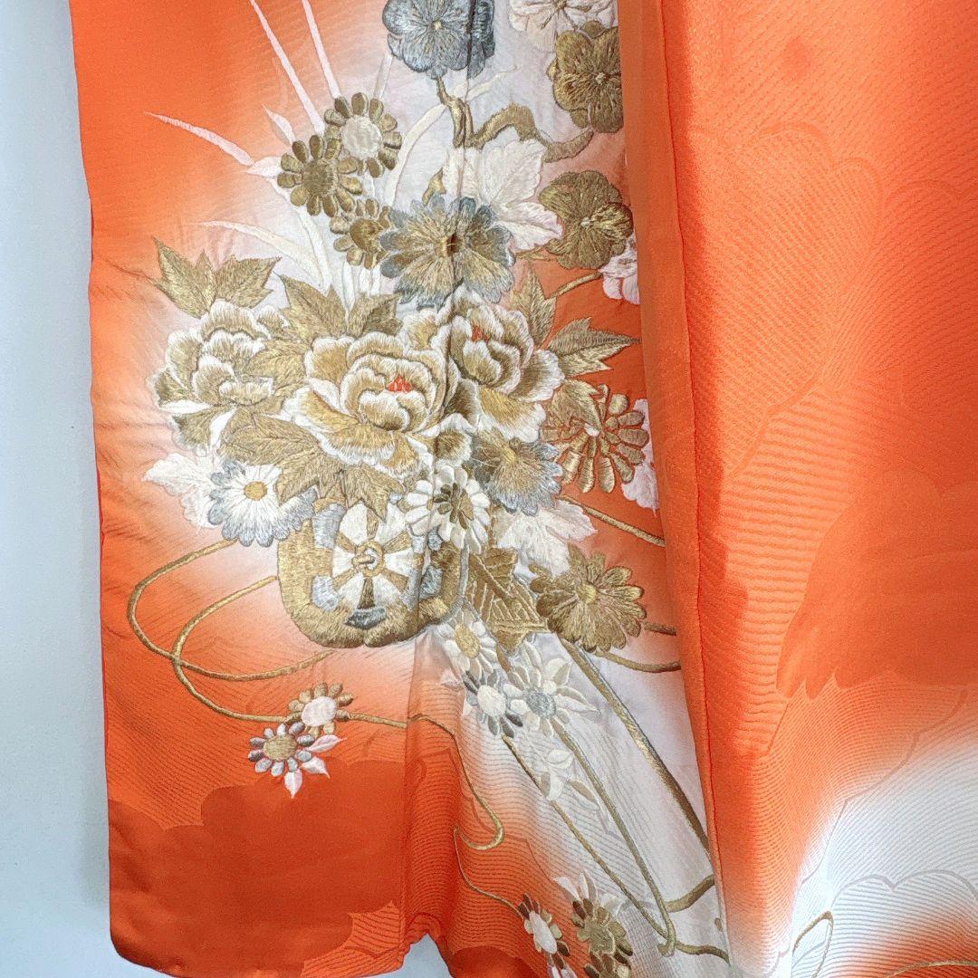 七五三　７歳女の子　オレンジ地　比翼仕立　刺繍金銀　花御所車未使用袋帯　7295