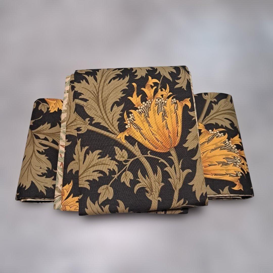 半幅帯　長尺　ウィリアムモリス　アネモネ　オレンジ×ウィローボゥ　リバーシブル