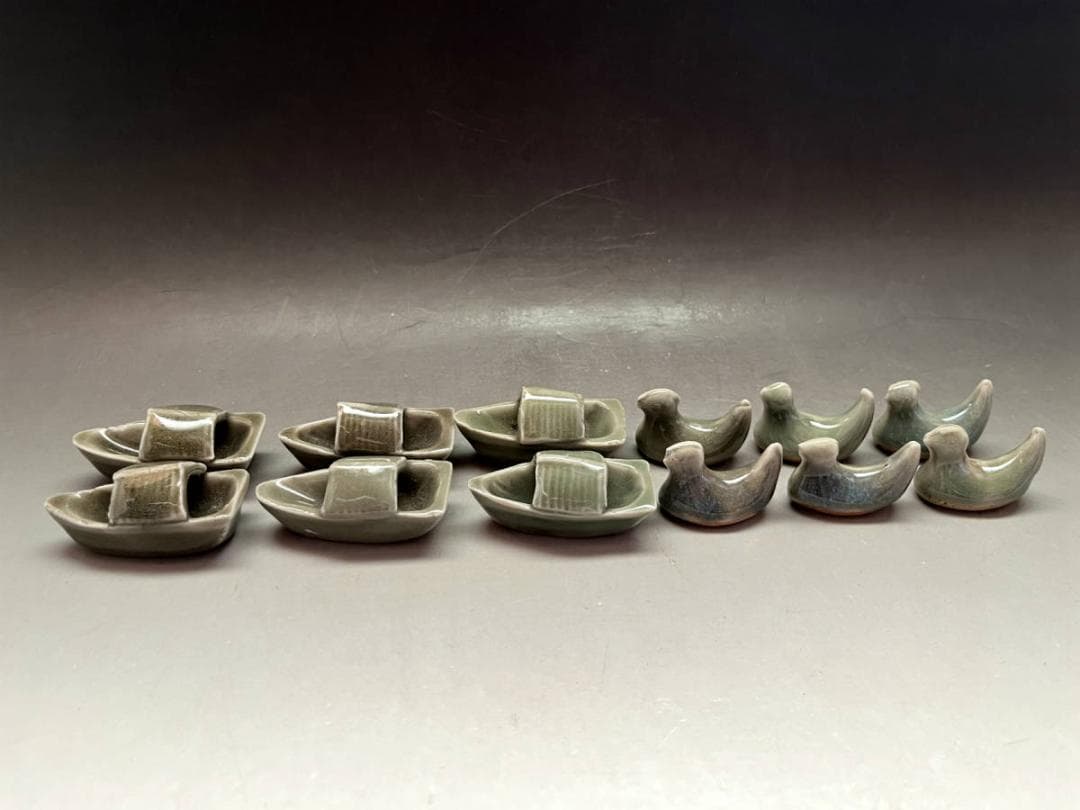 箸置き■古い青磁（江戸後期）舟型6客 鳥型6客 合計12客セット 千鳥 舟 骨董