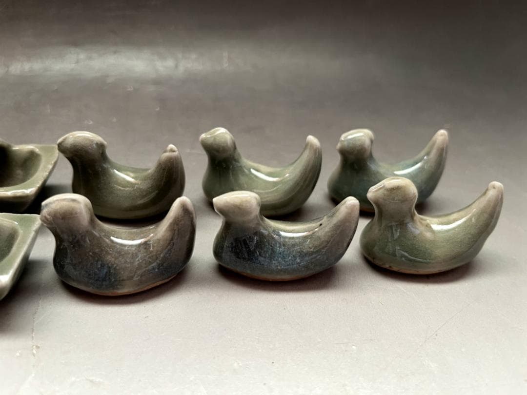 箸置き■古い青磁（江戸後期）舟型6客 鳥型6客 合計12客セット 千鳥 舟 骨董