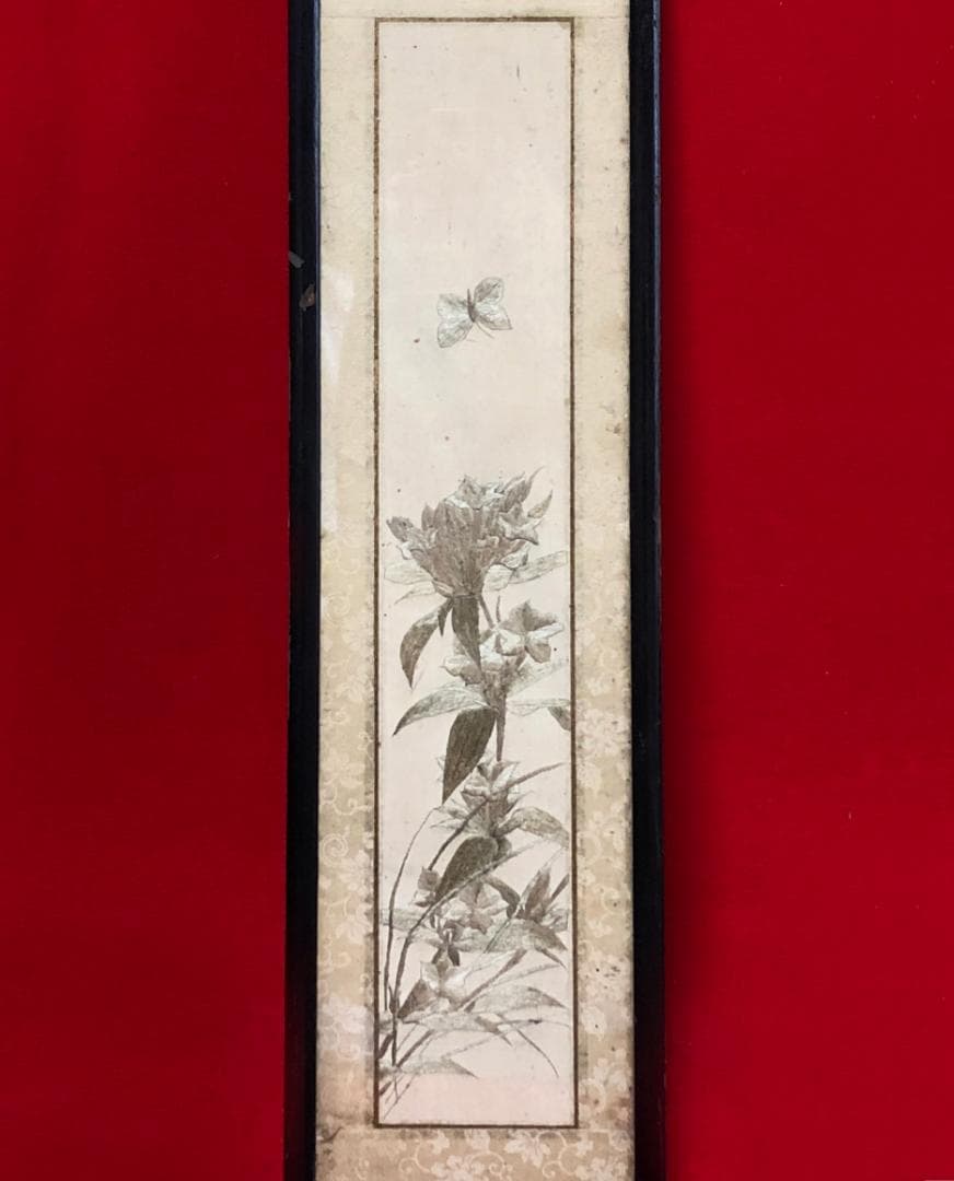 【珍】　花卉蝶々図 額　清朝時代　中国刺繍　古美術