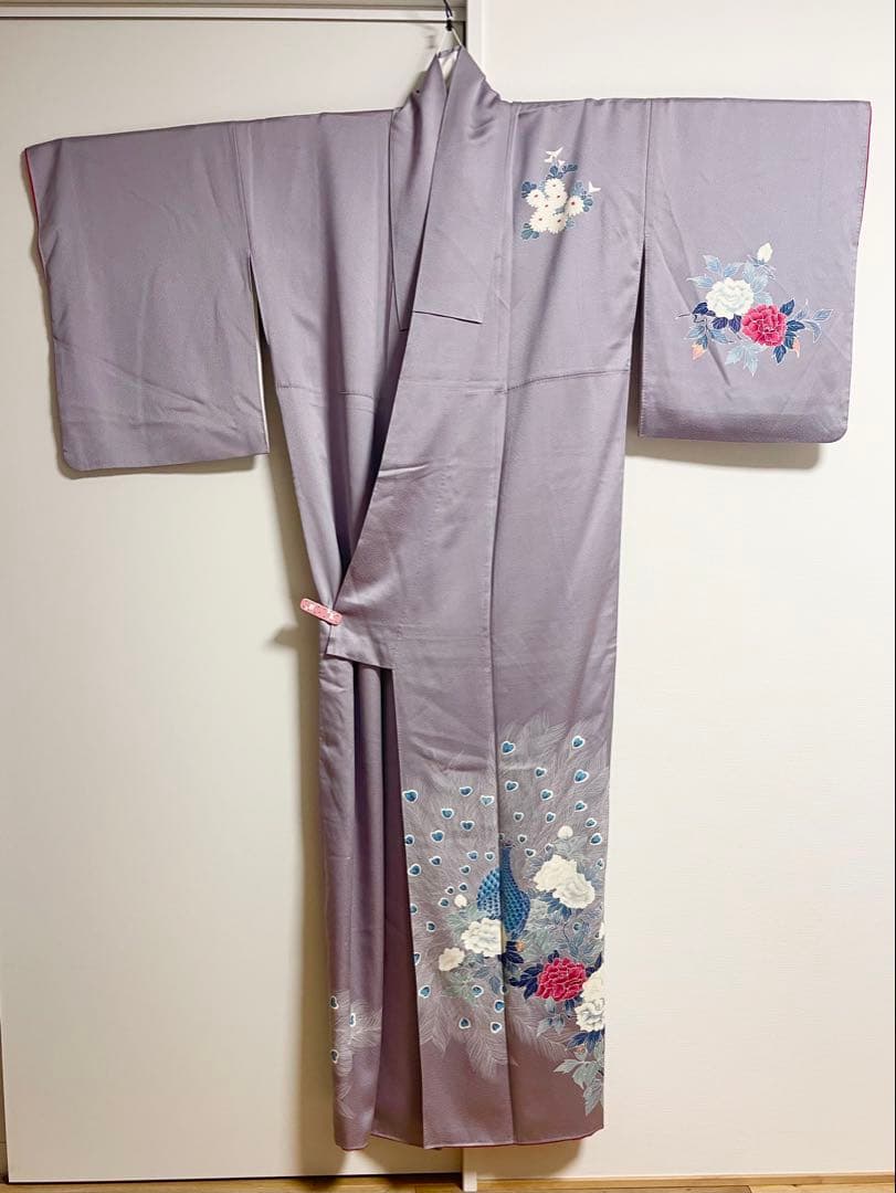 Y*G様 訪問着　訪問着フルセット　ラベンダーグレー　孔雀と牡丹　袋帯
