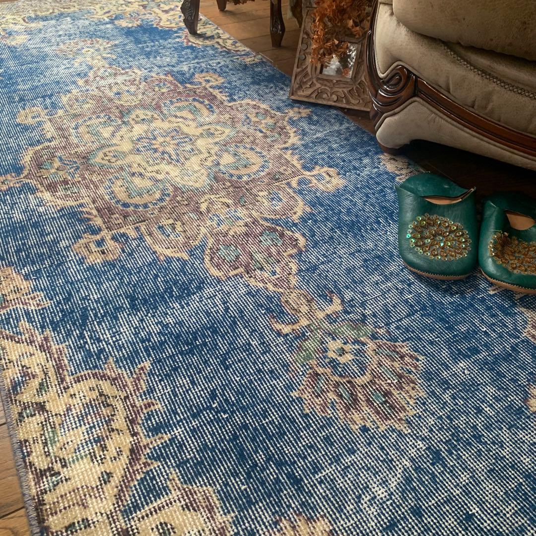 トルコヴィンテージラグ　ロングランナー　220×72.5 ネイビーブルー